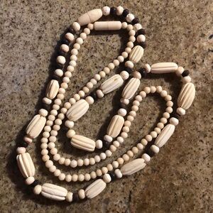 Hand Carved Bone Beaded Necklace Set of 2- Vintage 1970s- Cream Off White/Brown